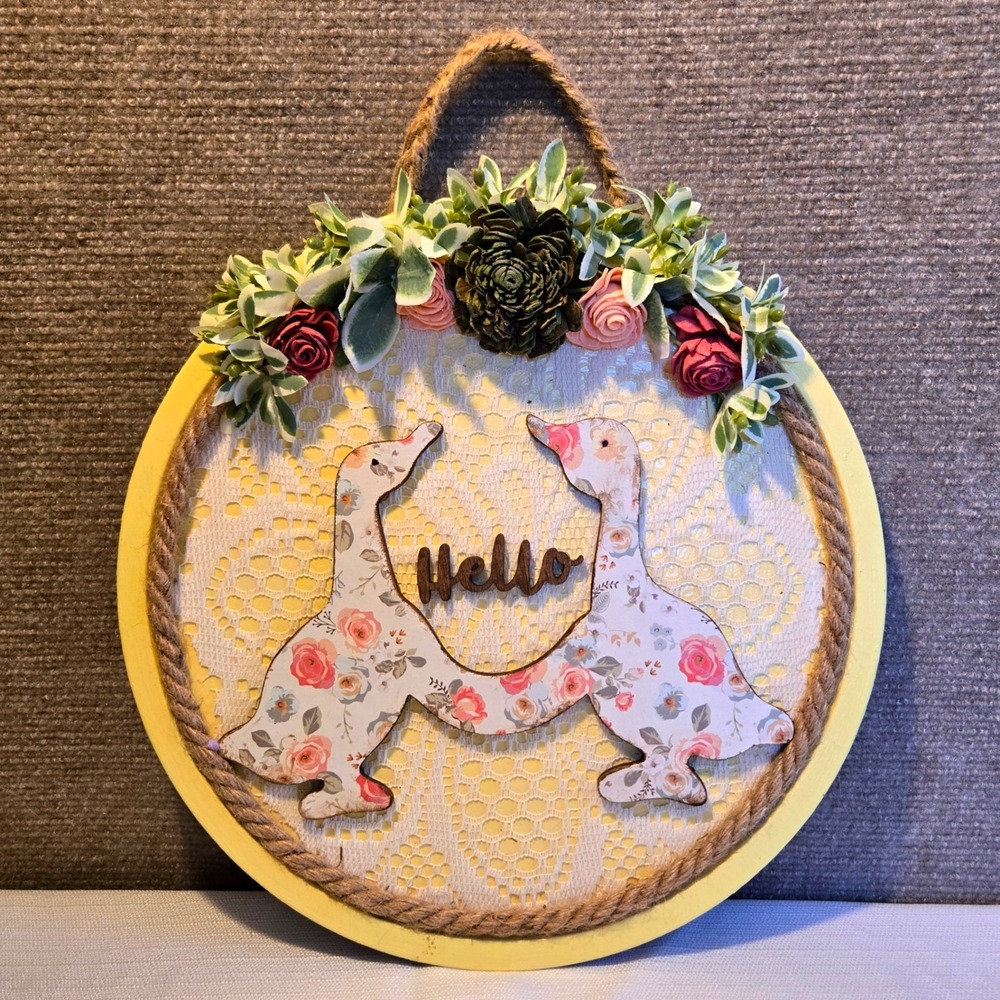 Handmade Floral Goose Hello‎ Welcome Wall Sign Plaque Farmhouse Cottagecore 12in